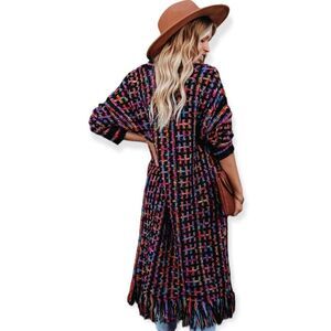 Black Multi Color Patchwork Long Fringe Knit Cardigan NWT
